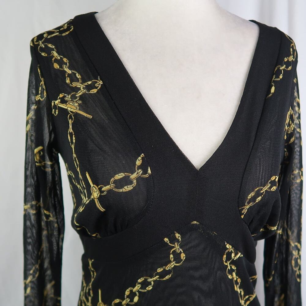 Vintage Y2K New York & Company Black Mesh Top Gold Chain Print S - Picture 2 of 5